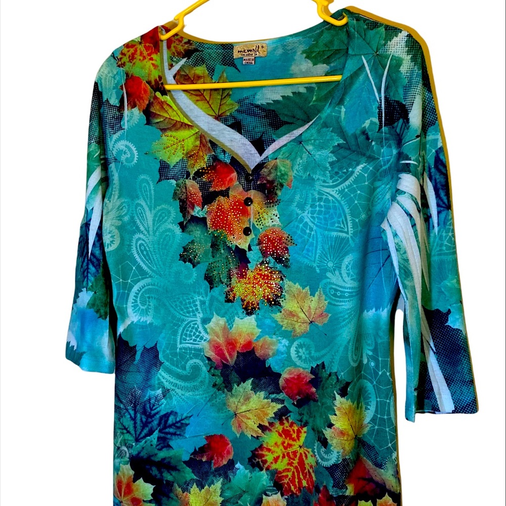 One World Live and Let Live Women Tunic Top Boho Sz. S Green Foliage Floral.